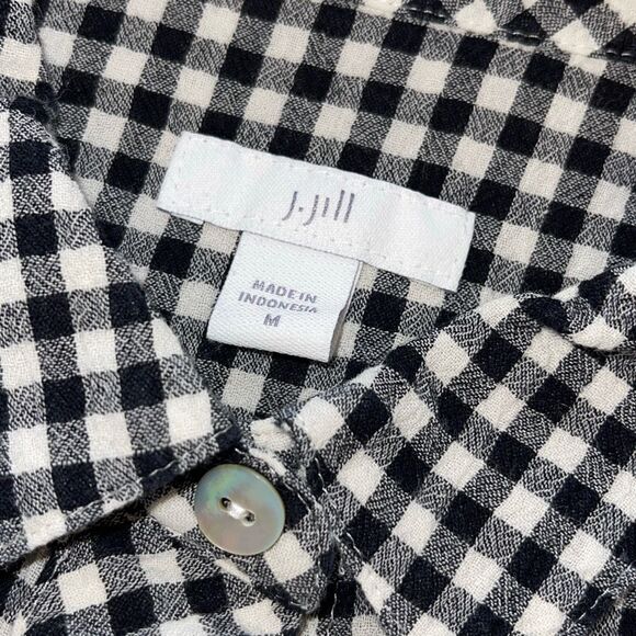 J. Jill Womens Gingham Collared Long Sleeve Button Up Shirt Black White Medium - Picture 6 of 9